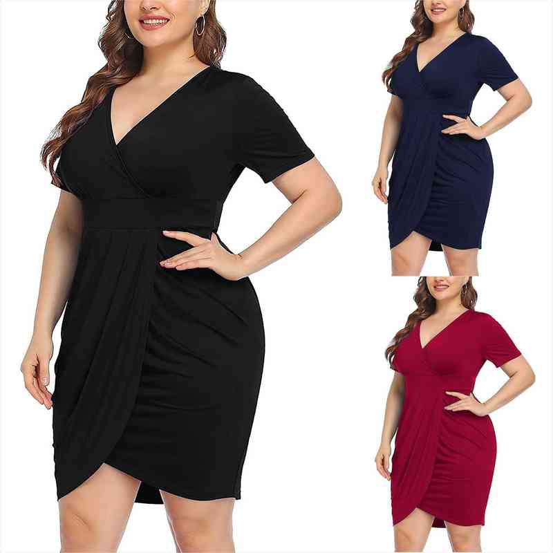 

plus size women dresses summer women fashion v-neck short sleeve dress plus size solid color hip dress vestidos mujer, Black;gray
