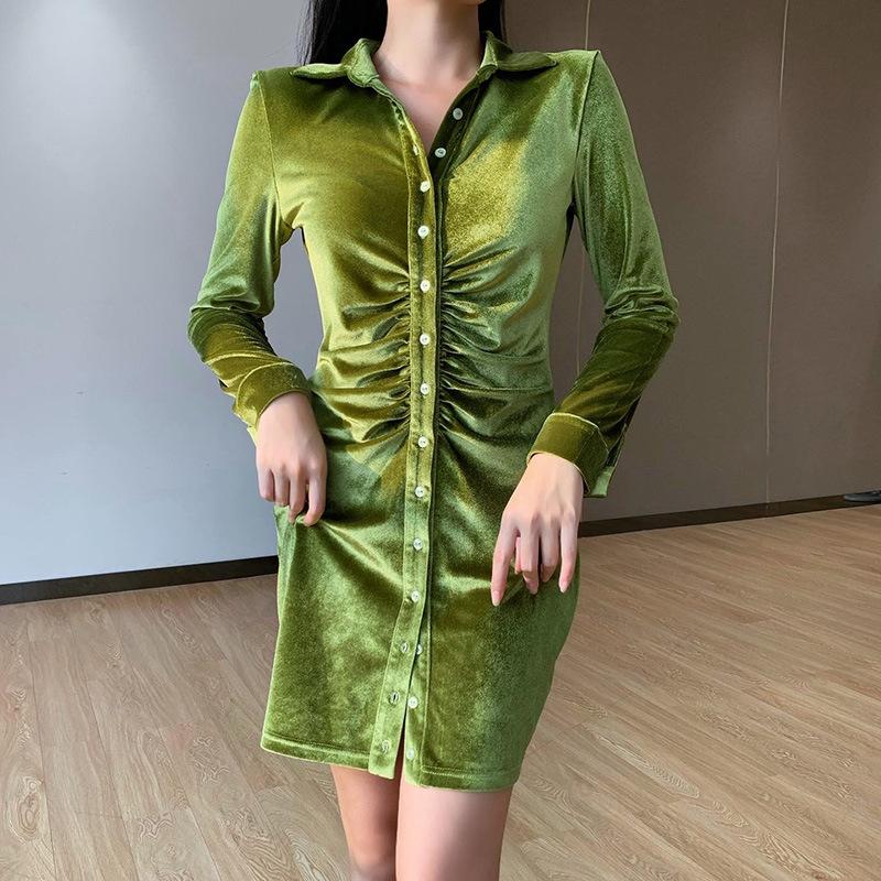 

Casual Dresses Autumn Stack Design Flannel Pleated Bodycon For Women Enegant Party Street Long Sleeve Mini Dress Female, Black;gray