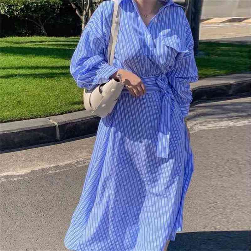

Pleated Chic Shirts Dresses Woman Puff Sleeve Blue Maxi Vestidos Female Clothing Loose Elegant Streetwear Dress Spring 210603, Clear