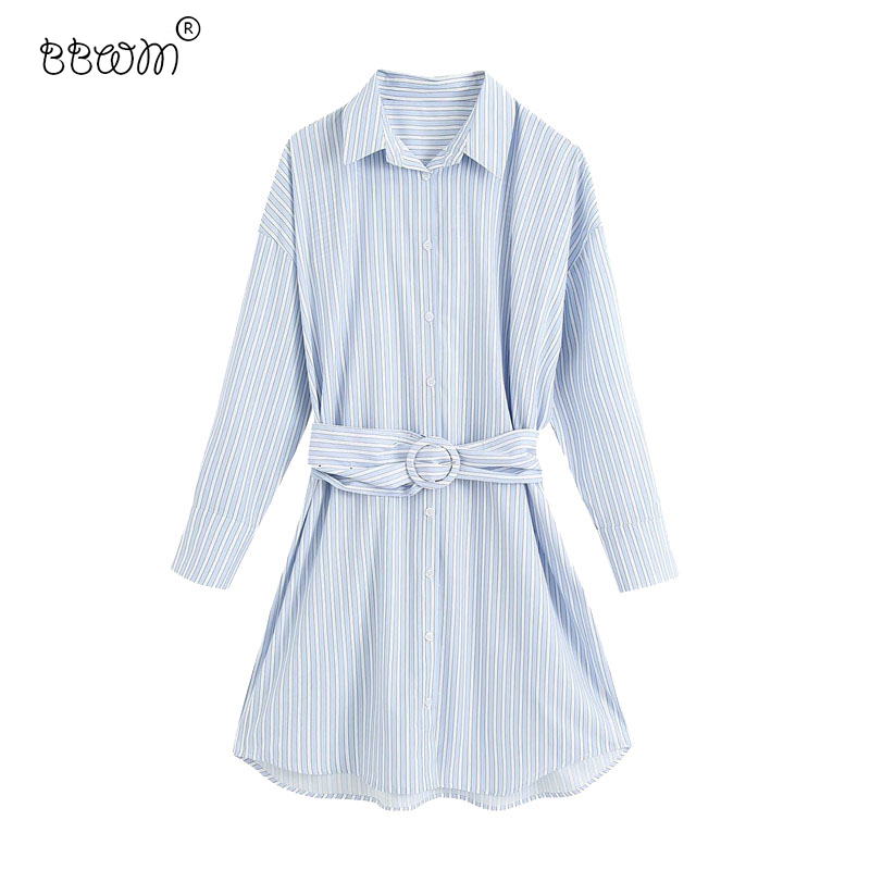 

Women Elegant Fashion Striped Loose Mini Dress With Belt Vintage Long Sleeve Buttons Shirt Dresses Female Chic Vestidos 210520, As picture