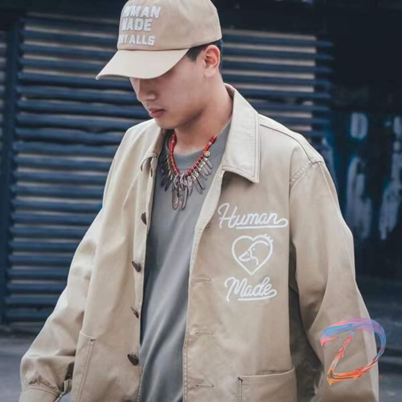 

Men's Jackets Human Made Top Women High Quality Streetwear Love Button Jacket Men, Black;brown