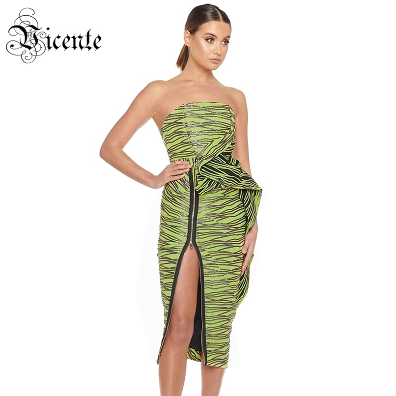 

Chic Color Block Woman Dress Ruffles Design Sexy Sleeveless Zipper Split Celebrity Party Club Knee Length Vestido 210520, Multi