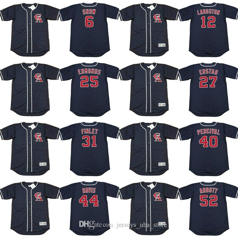 

California Angels 44 CHILI DAVIS 27 DARIN ERSTAD 31 CHUCK FINLEY 40 TROY PERCIVAL 12 MARK LANGSTON JIM ABBOTT 6 J.T. SNOW baseball jersey, Blue;black