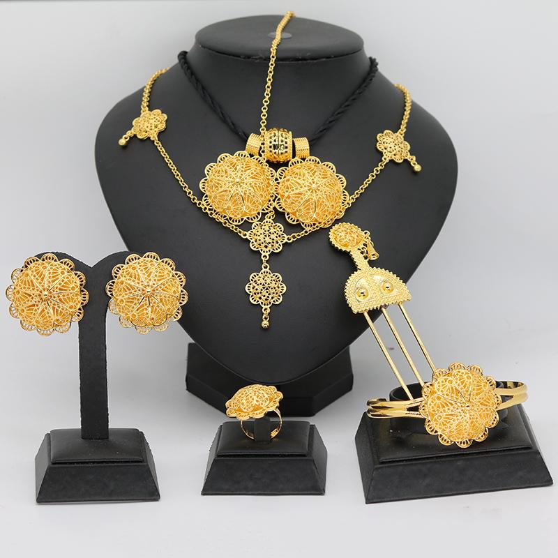 

Earrings & Necklace 6pc 24k Gold Ethiopian Jewelry Sets For Women Dubai Habesha With Hairpin Head Chain African Bridal Wedding Gift Collares, As pic