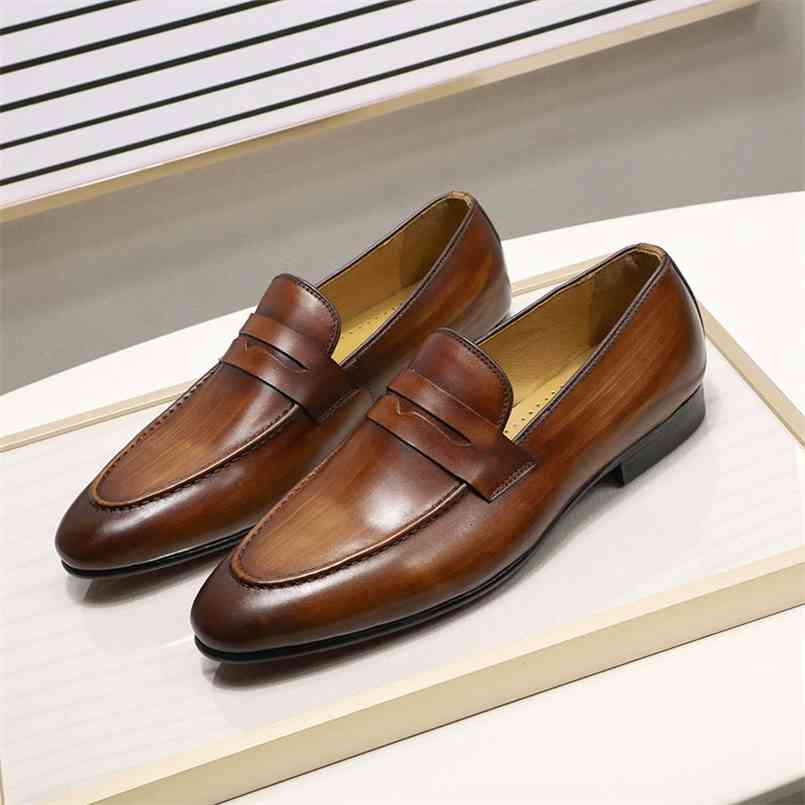 

Size 6- Spring Autumn Mens Penny Loafers Genuine Leather Hand Painted Slip On Dress Shoes Men Wedding Casual Business 210827, Coffee