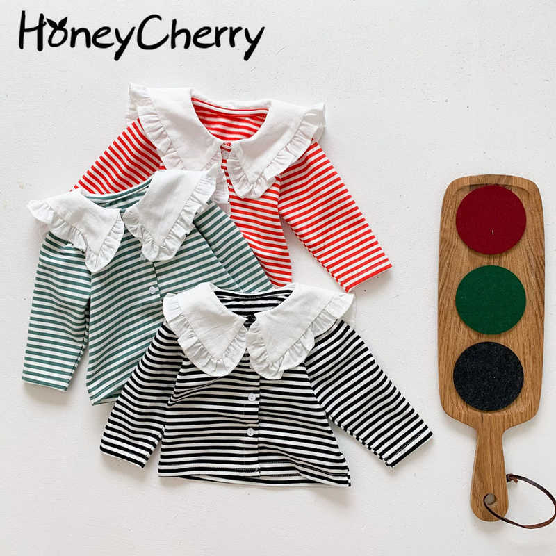 

Spring Striped Children's Long Sleeve T-shirt Lace Collar Baby T-shirt girls clothes 210701, Black