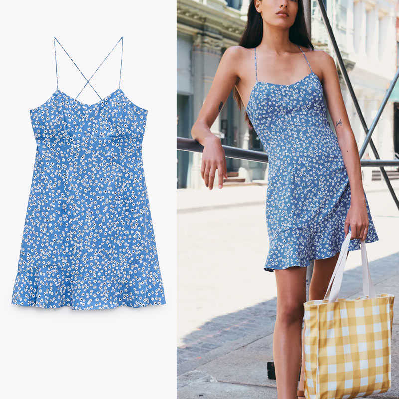 

Za Women Summer Print Blue Dress Sleeveless Straps Backless Sexy Sundress Woman Fashion Side Zip Ruffle Hem Mini Dresses 210602