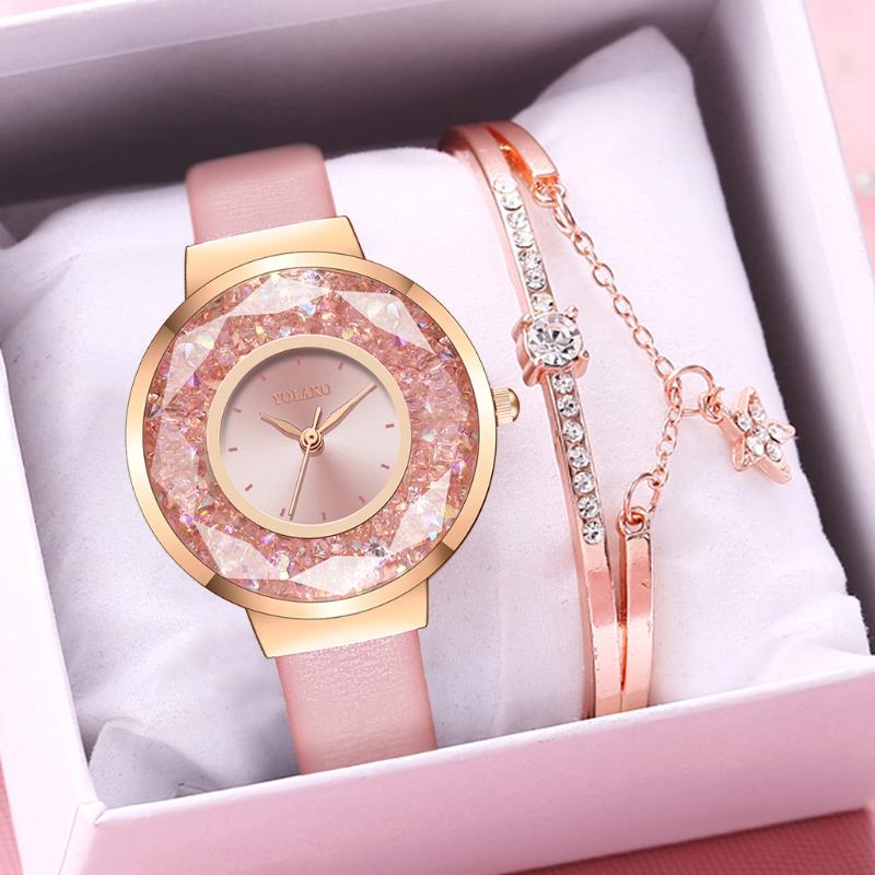 

Wristwatches YOLAKO Brand Women Moving Diamond Bracelet Watch Set Luxury Ladies Quartz Relogio Feminino, Slivery;brown