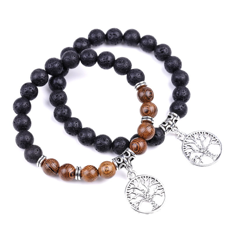 

Cool Antique Silver Plated Lifetree Charm Natural Stone Wood Beads Strands Bracelet for Man Woman Wholesale