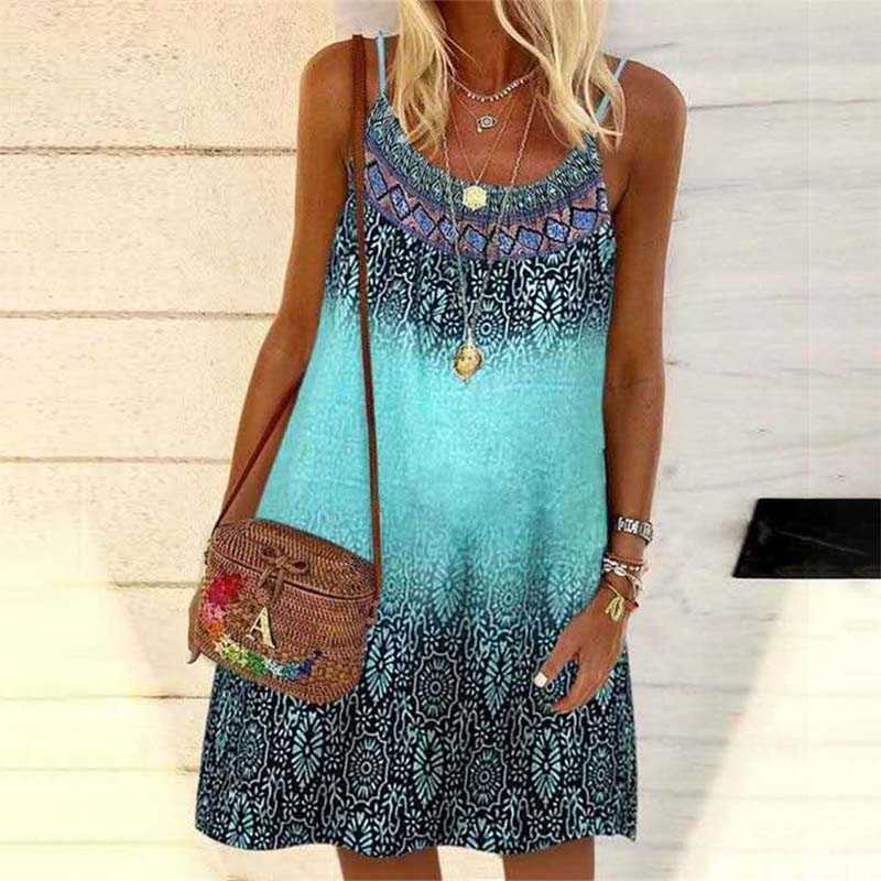 

Summer Vintage Print Sleeveless Sling Dres Casual Loose Streetwear Plus Size Mini Ladies Beach Party es 210604, Smokygray-10