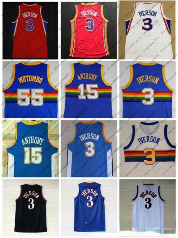 

#55 Dikembe Mutombo Jerseys Cheap #3 Allen Iverson Jersey #15 Carmelo Anthony Jersey Blue Stitched Shirts College S-XXL, C1