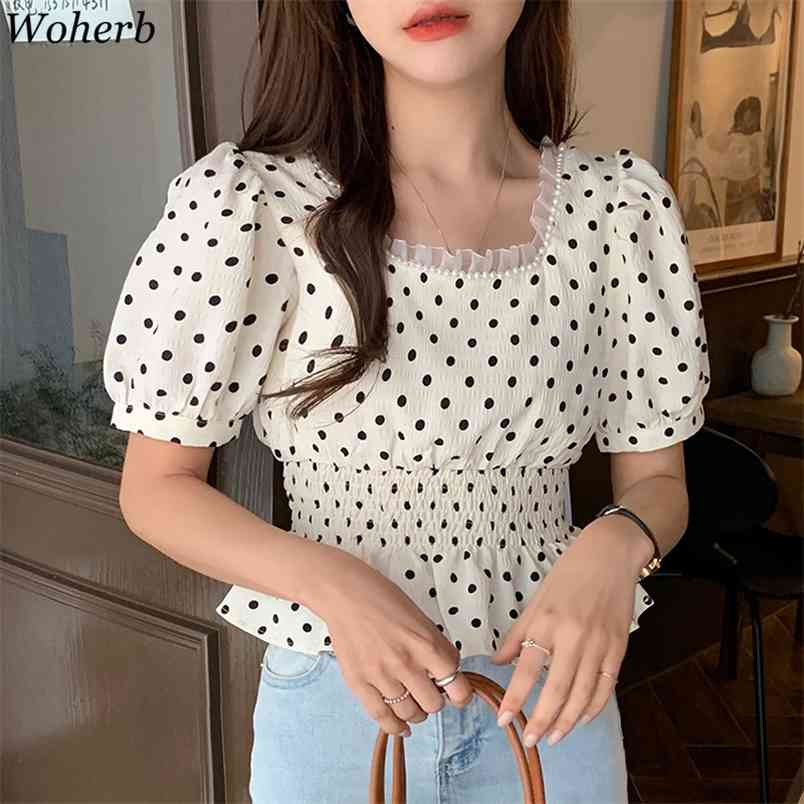 

Women Fashion Ruffled Polka Dot Print Cropped Blouses Vintage Square Collar Short Sleeve Female Shirts Chic Tops 210519, As photo