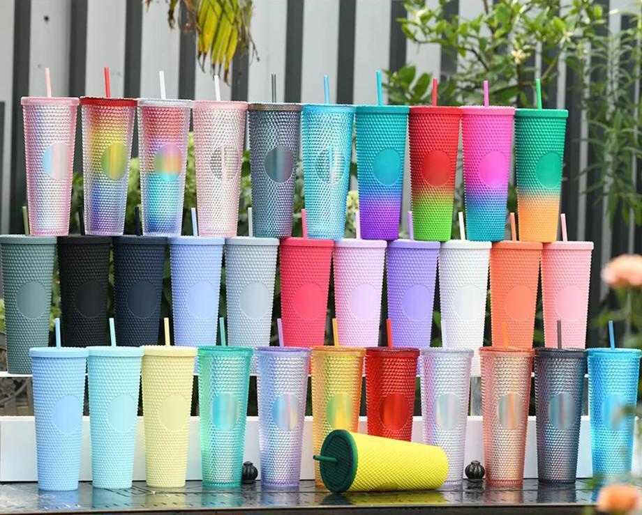 24 oz Personalized Starbucks Tumblers Mug Iridescent Bling Rainbow Unicorn Studded Cold Cup Tumbler coffee mugs with straw and Lids-image-754077659