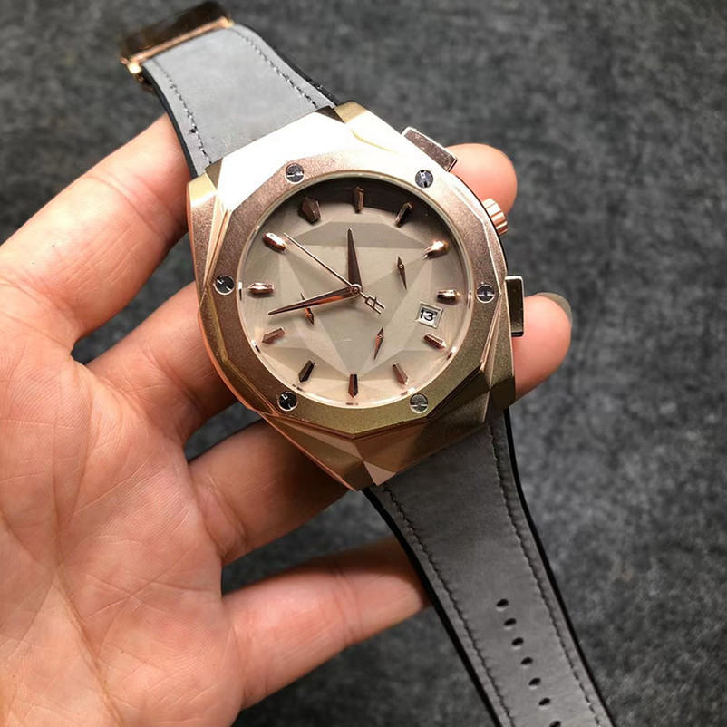 

2-13Mens gold watches leather strap screw embedded in rubber case design business models sports luxury fashion brand quartz chronograph, No watch