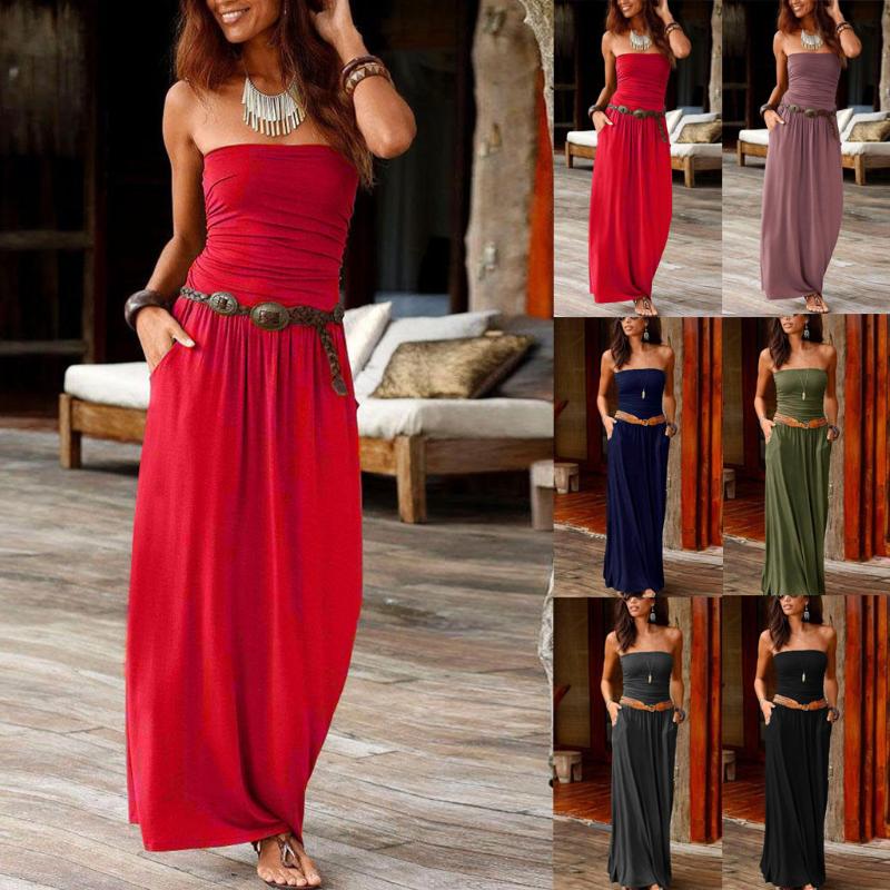 

Casual Dresses Womens Bandeau Holiday Off Shoulder Long Dress Ladies Summer Solid Maxi Fashion Party Night Club Vestidos Mujer, Gray