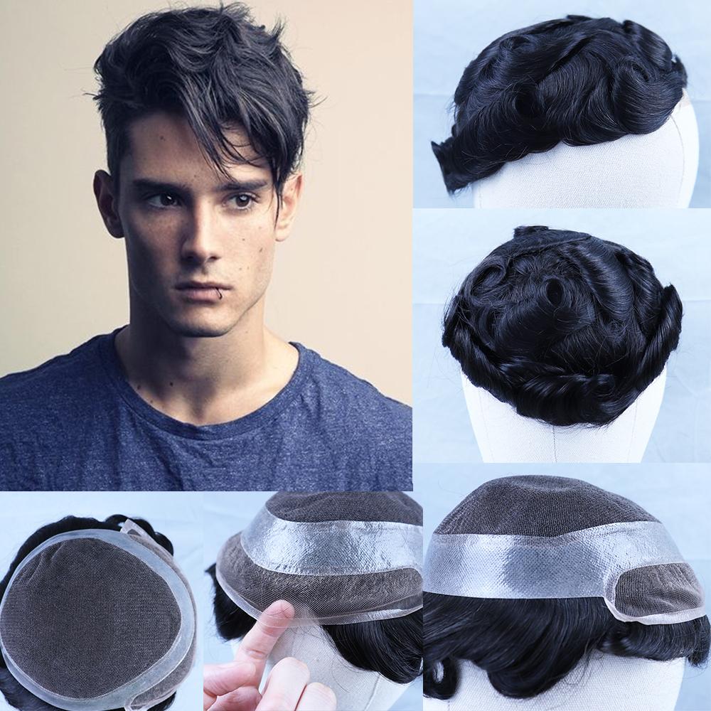 

Natural Black Human Hair Toupee for Men Remy Hair Replacement System Swiss Lace & PU Dark Brown Mens Toupee 6 Inch Curly, Natural color