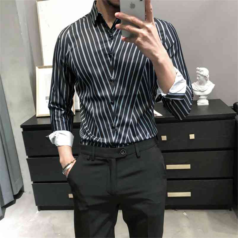 

British Style Business Work Shirt Men Fashion Long Sleeve Irregular Striped Shirts Slim Fit Digital Print Prom Tuxedo 210721, White