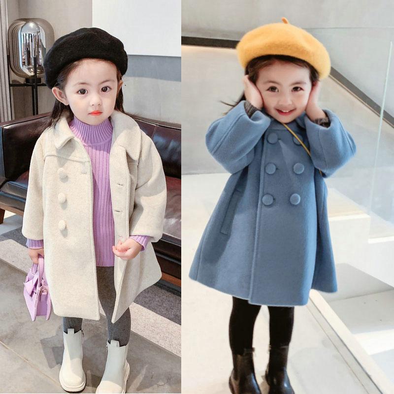 

Jackets Autumn Girls Coat Children Warm Overcoat Fashion Kids Woolen Jacket Solid Color Elegant Toddler Double Breasted Outerwear 2-8 Ys, Blue;gray