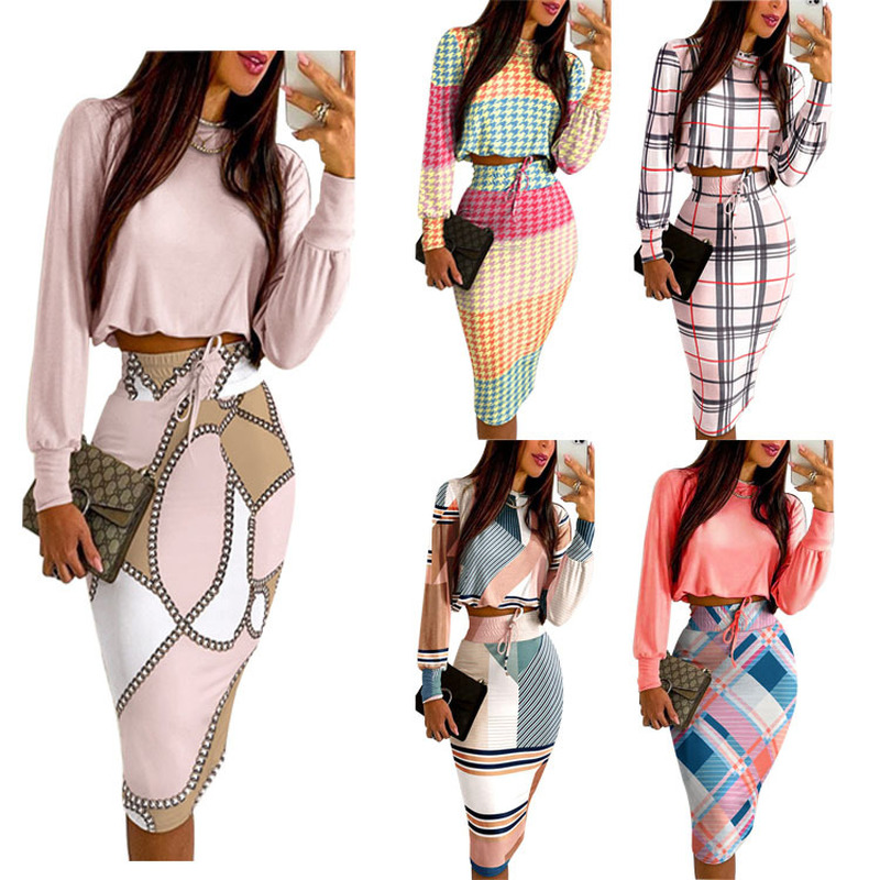 

Two Piece Dress Amazon Wish Foreign Trade Fashion Women's Digital Printing Long-sleeved Skirt Suit, White