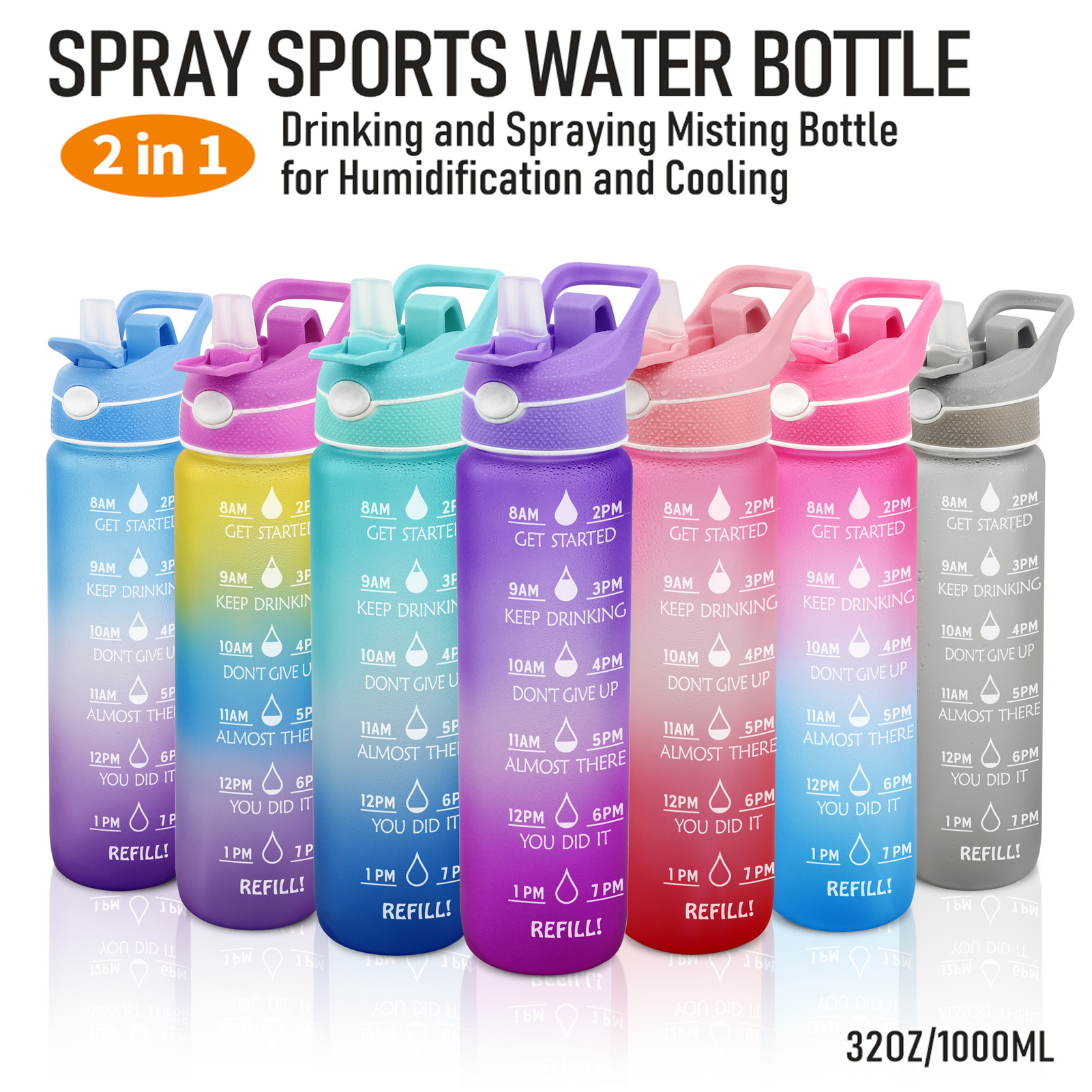 

1L sublimation Leakproof Gradient Color 32oz-40oz Water Bottles Fashion with Motivational Time Marker Excercising colors Sprays Large capacity Plastic Sports, Multi