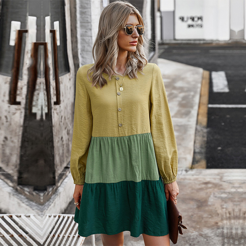 

Spring New Patchwork Casual Full Sleeve O Neck Button Simple For Women 2021 Summer Dress, Blue