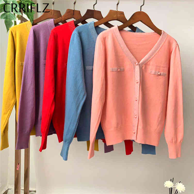 

CRRIFLZ Autumn Winter Knitted Cardigans Sweater Women Casual V-neck Single Breasted Solid Top 210520, Pink