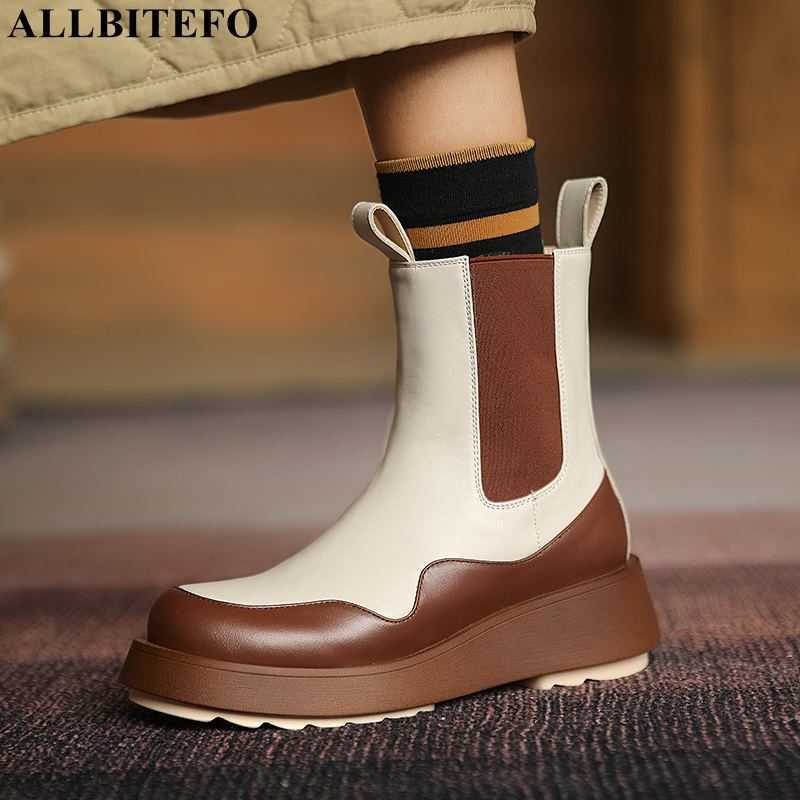 

ALLBITEFO fashion casual genuine leather brand high heels ankle boots for women wedges heels platform woemn boots women heels 210611, Plush inside