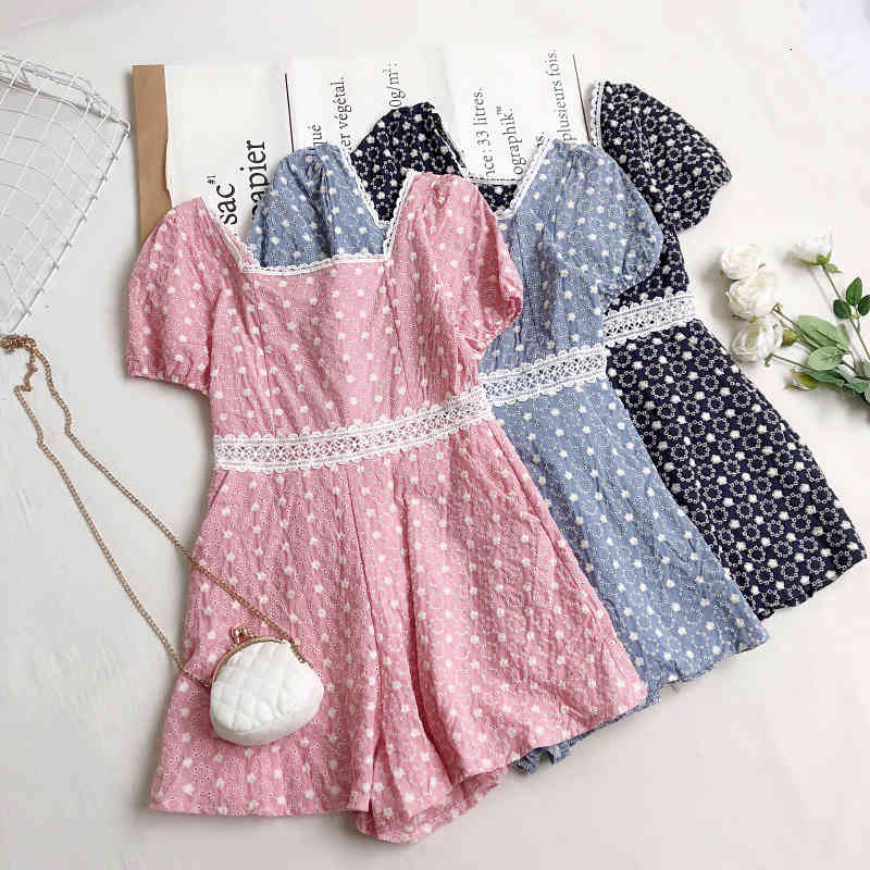 

Women's Jumpsuits & Rompers Preppy Women Sweet Playsuits Short Sleeve Square Neck Lovely Lace Hollow Out Waist Jumpsuit Young Girl, Light blue