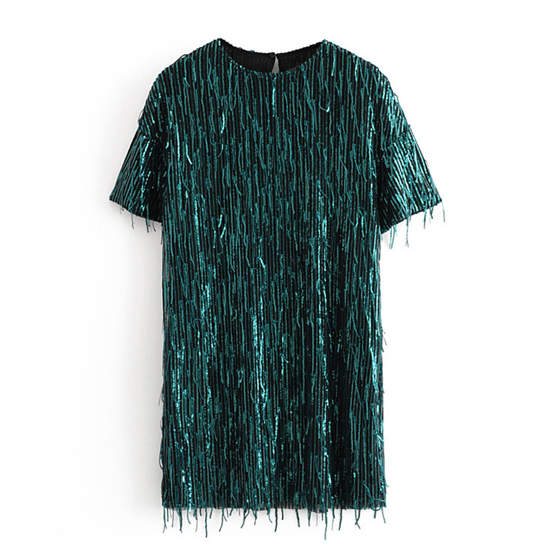 

Women Stylish Chic Tassel Sequined Dress Fashion Female O Neck Straight Dresses Elegant Ladies Short Sleeve Mini Dresses 210520, As pic1