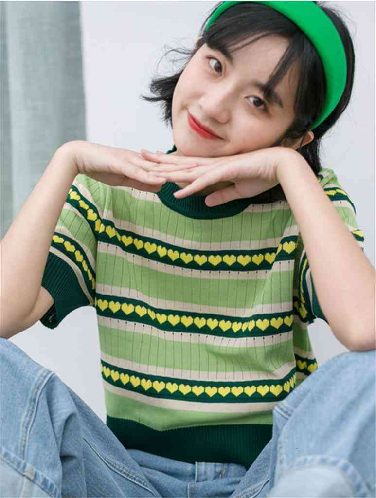 

makuluya thin sweet cute avocado green heart-shaped embroidered pattern short sleeve knitted hollow out sweaters pullover l, White;black