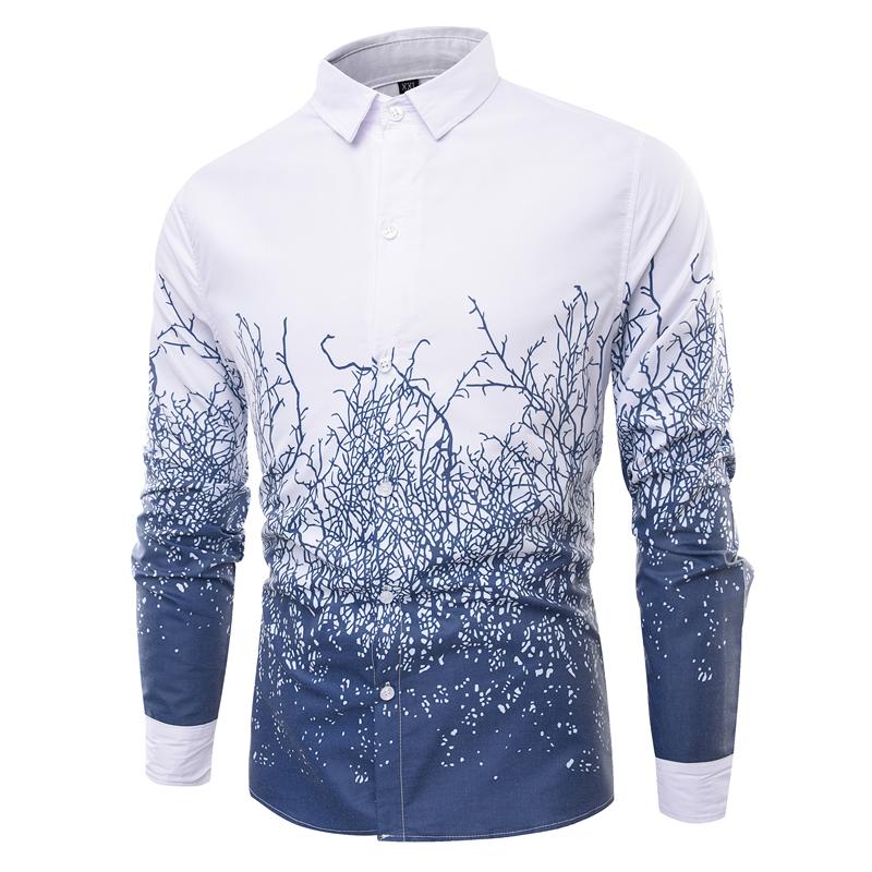 

Men'S Clothing Fashion Male Shirt Long-Sleeves Tops Large Printing Casual Mens Dress Shirts Slim Men S-4XL, White;black