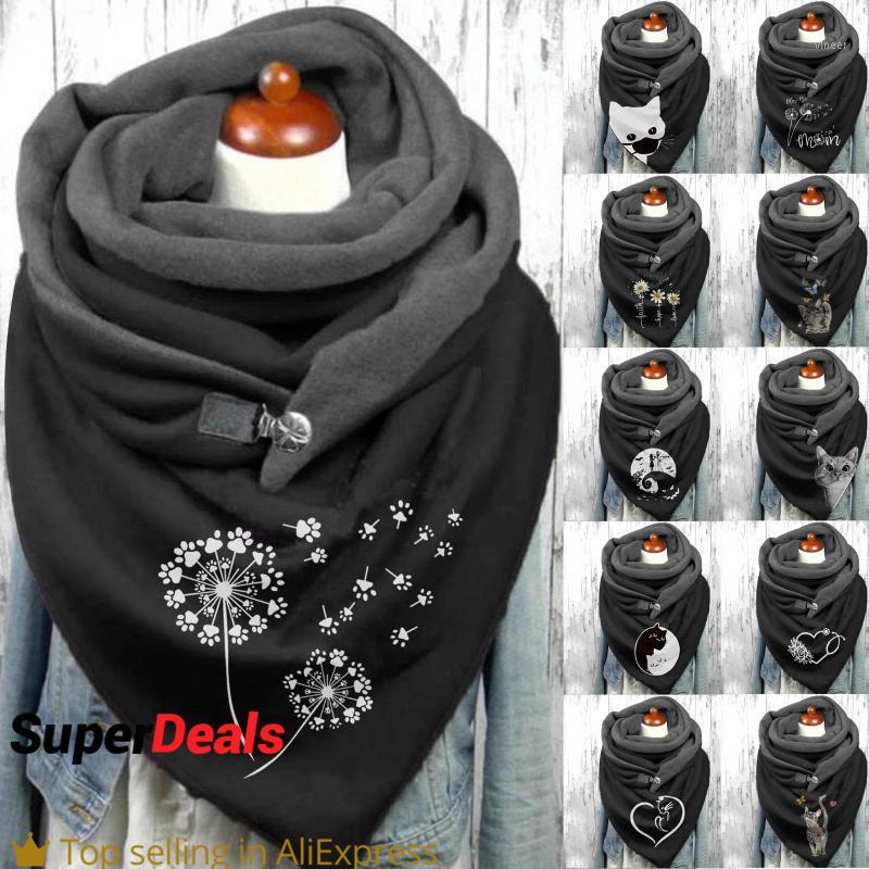 

Scarves 2021 Fashion Women Animal Cat Printing Button Soft Wrap Casual Warm Shawls Foulard Femme Winter Scarf, Blue;gray