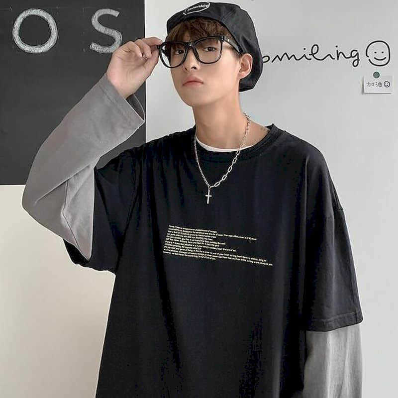 

Cotton autumn fake two-piece men's long-sleeved t-shirt male students Korean style loose trendy clothes youth clothing 210526, 008 white