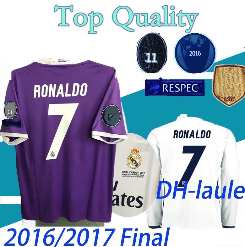 

short long sleeve 2016 2017 Real U C L League Finals Soccer Jersey 16/17 Madrid home Soccer Jerseys for 3 Jun Ronaldo Football uniform, Home with 4 patches