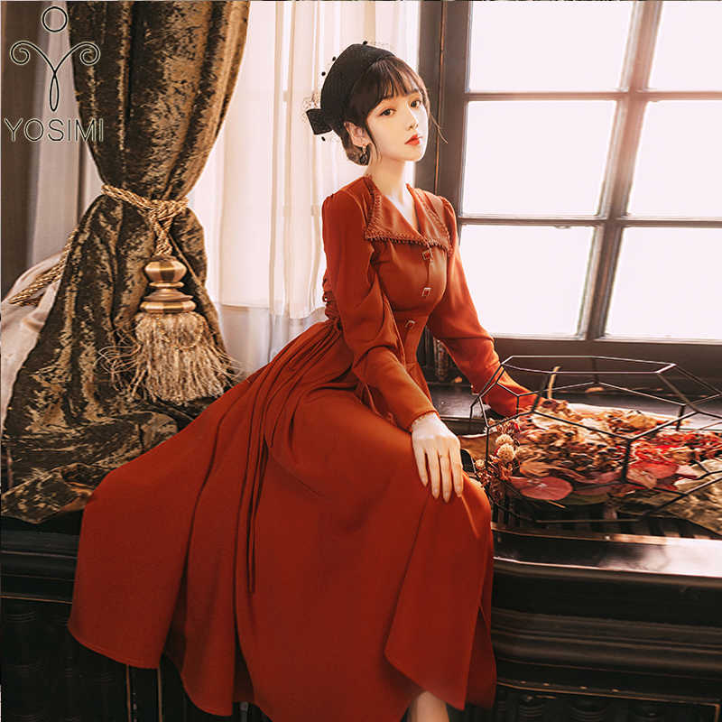 

YOSIMI Spring Red Wine Long Women Dress Vintage Full Sleeve Mid-calf Female Butterfly Midi Party Elegant 210604
