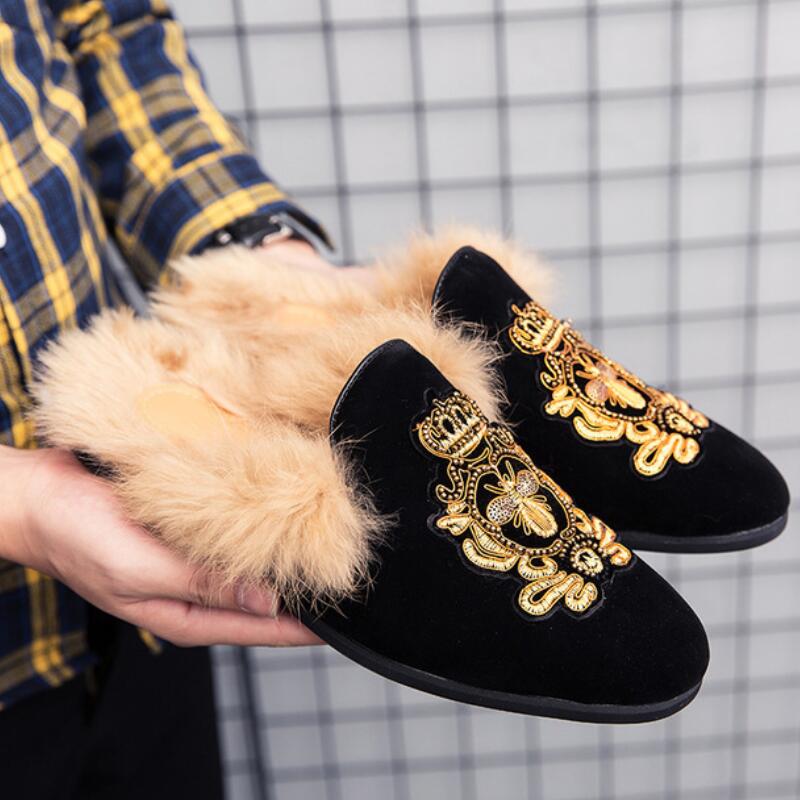 

New warm cotton slippers men's hair drag casual autumn and winter set foot Zapatos Hombre b22, Black
