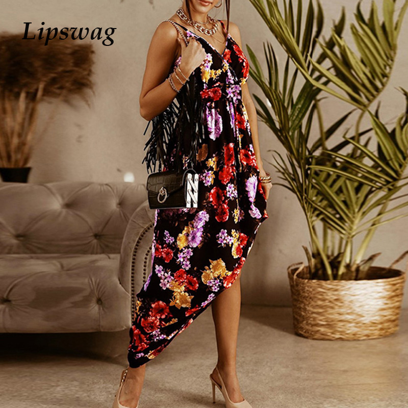 

women elegant v neck floral print maxi dress new fashion summer sleeveless party beach dress backless sling boho long dresshigh quality, Black;gray