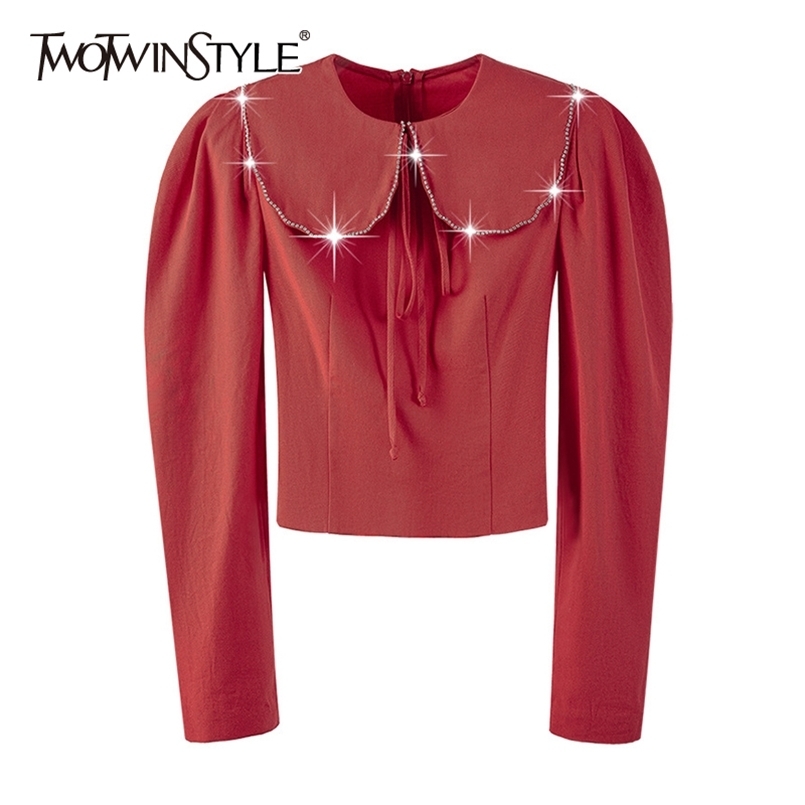 

Solid Patchwork Diamond Shirt For Women O Neck Long Sleeve Minimalist Short Blouse Female Fashion Clothing 210524, Red