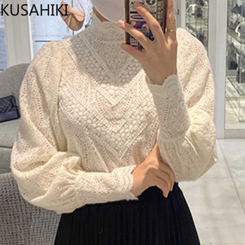

Half Turtleneck Lace Shirt Korean Chic Puff Sleeve Women Blouses Spring Elegant Pullover Blusas Mujer 6F669 210603, Apricot