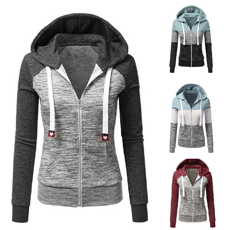 

women casual patchwork dstring hoodies autumn winter zipper pocket long sleeve sport sweatshirts female harajuku plus coat, Black