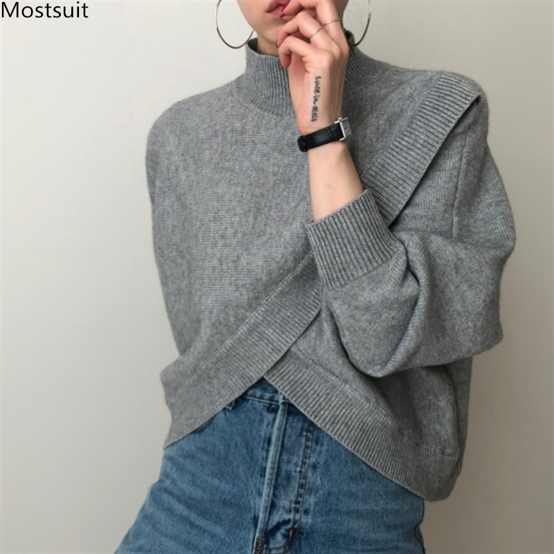 

Winter Women Sweater Ladies Jumper Korean Long Sleeve Criss-cross Irregular Turtleneck Knit Pullover Tops Pull Femme 210518, Gray