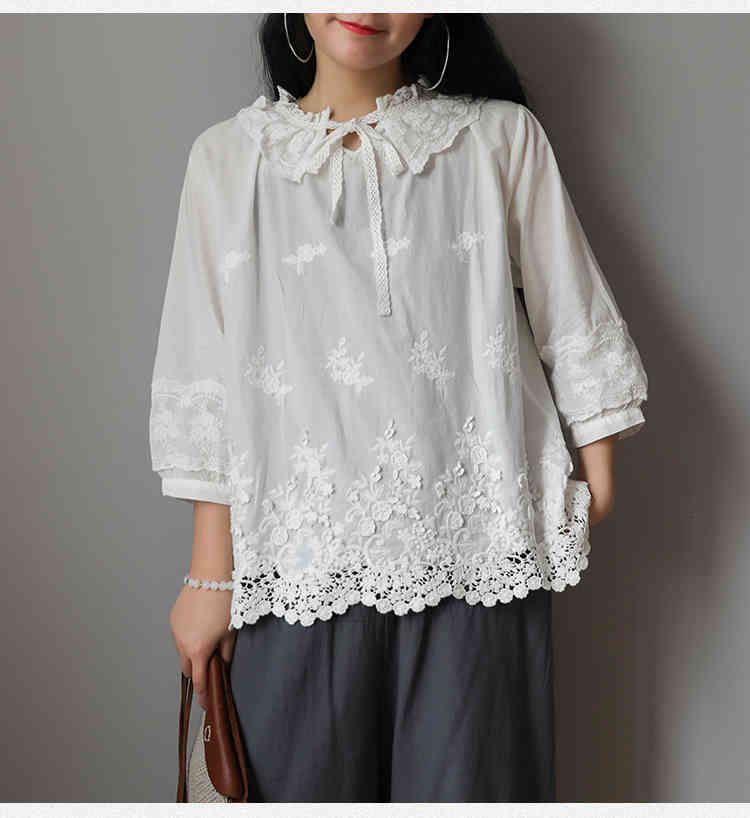 

Women's Blouses & Shirts Lamtrip Embroidered Cotton Lace Collar White Blouse Wintage Shirt Top Mori Girl 2021 NABY, Beige