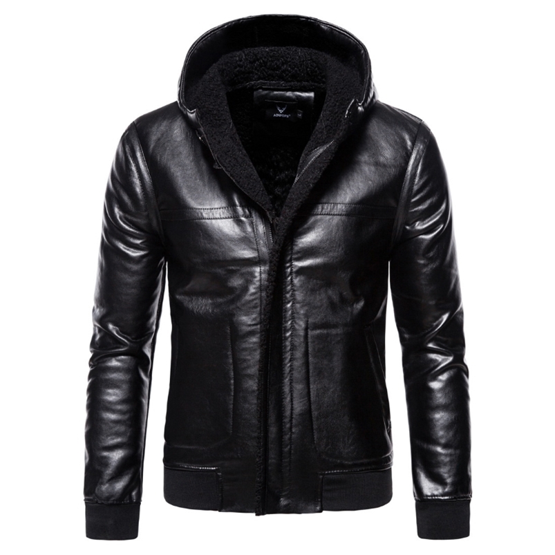 

5XL hooded zone thick leather jacket autumn and winter slim PU imitation leather solid color jacket men's leather jacket 211111, Black