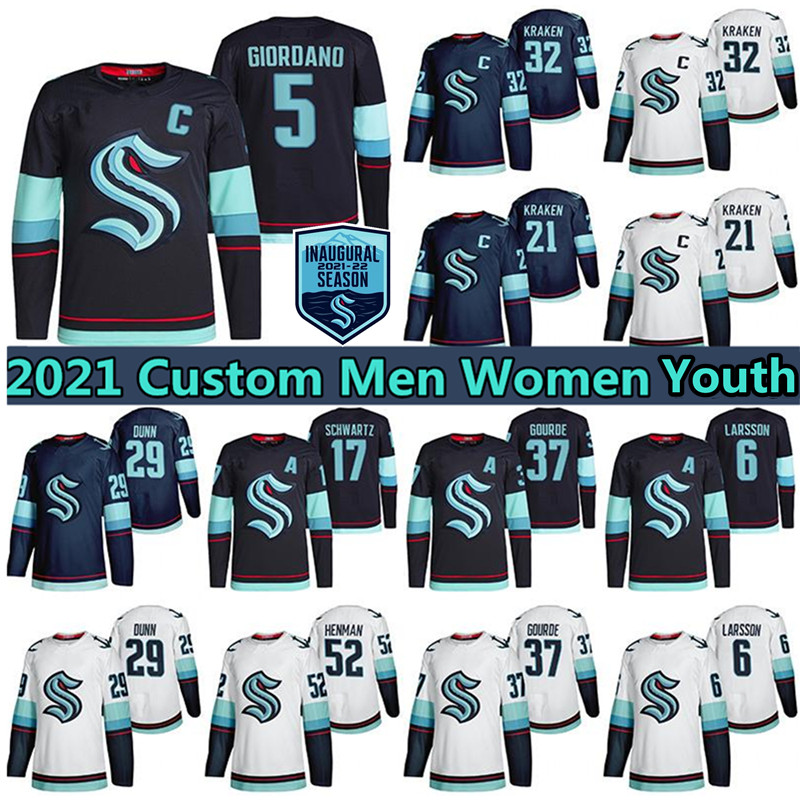 

Seattle Kraken Jersey Hockey 2021 Custom 5 Mark Giordano 7 Eberle 29 Vince Dunn 37 Yanni Gourde 13 Brandon Tanev 52 Luke Henman Adam Larsson Jerseys Men Women Youth Wear, Youth's color 1