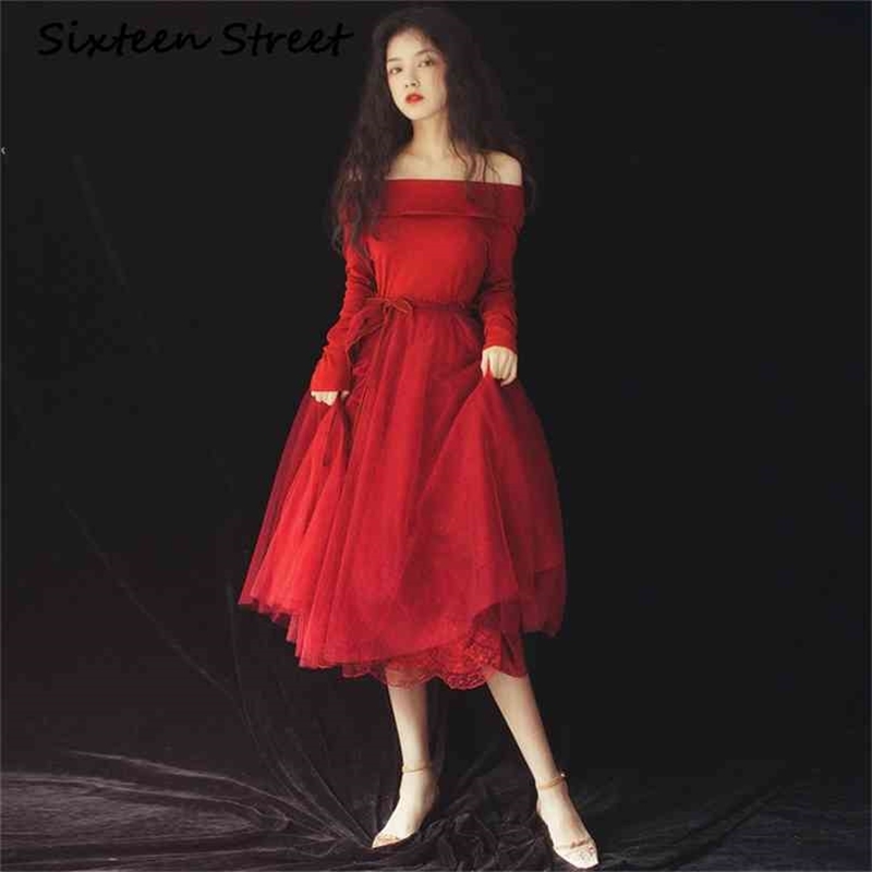 

Long Sleeve Evening Party Dress Elegant Full Slash Neck Off The Shoulder A-line Mid-Calf Black Women 210603