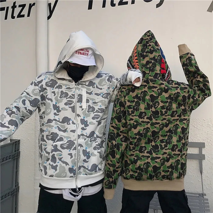 

women shark Hoodies men's cardigan hooded high quality jacket luminous camouflage star head M-3XL 0501, Black