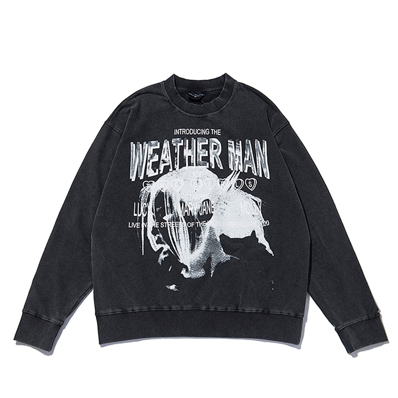 

Fashion brand Abstract printing hoodless sweater men's washed and worn loose round neck long sleeve fashion Pullover, Black