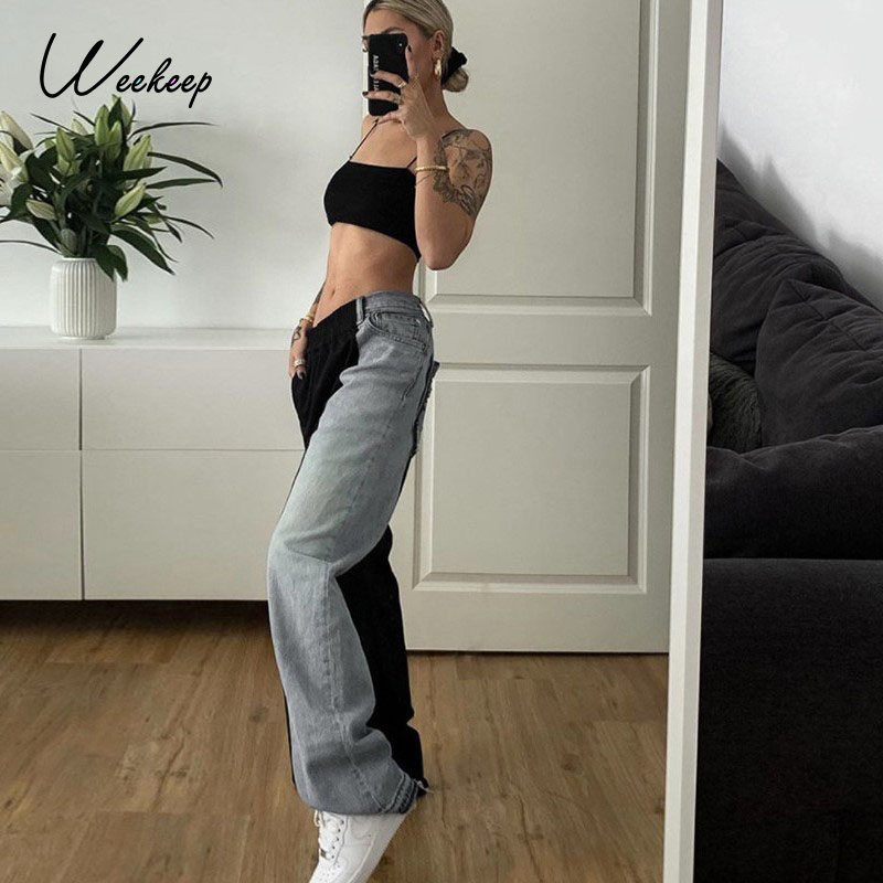 

Weekeep Patchwork Loose Casual Women Trousers Hip Hop Slim Fashion Jeans 2021 Autumn Korean Streetwear Version Denim Cargo Pants, As picture