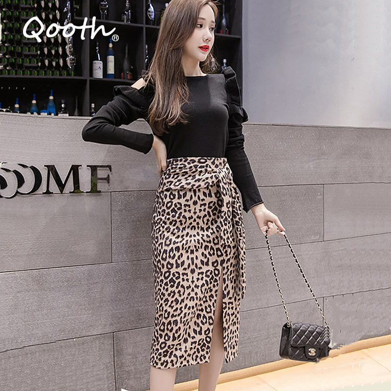 

Qooth Autumn Women Midi Leopard Pencil Skirt Laced-up Waist Polyster Pleated Skirts Split Office Dot Printed Skirt QT105 210518, Dark leopard
