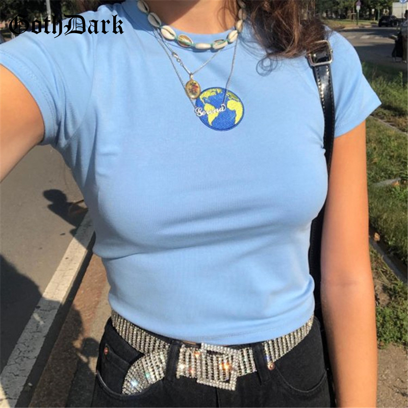 

Goth Dark Aesthetic Female T-shirt Summer 2021 Y2k E-girl Earth Graphic Embroidery Harajuku Cute Crop Top Casual Skinny Blue Tee